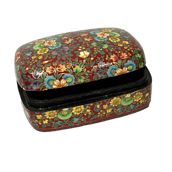 Lacquered Trinket Keepsake Jewelry Box Ethnic Crafts Multicolor Kashimiri Floral - Picture 9 of 10